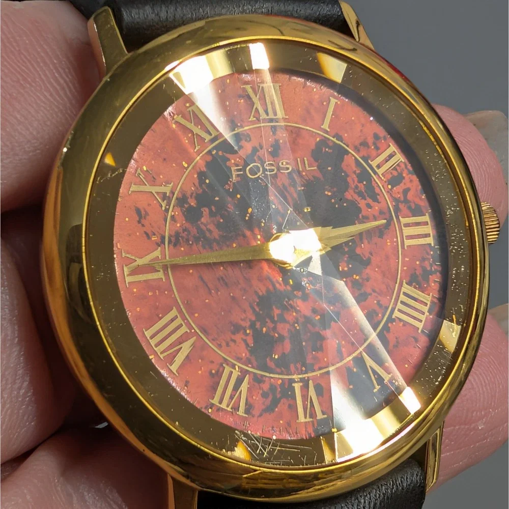 Vintage 1994 Fossil PC-7362 Unisex Watch Faceted Crystal Red Black Dial 34mm